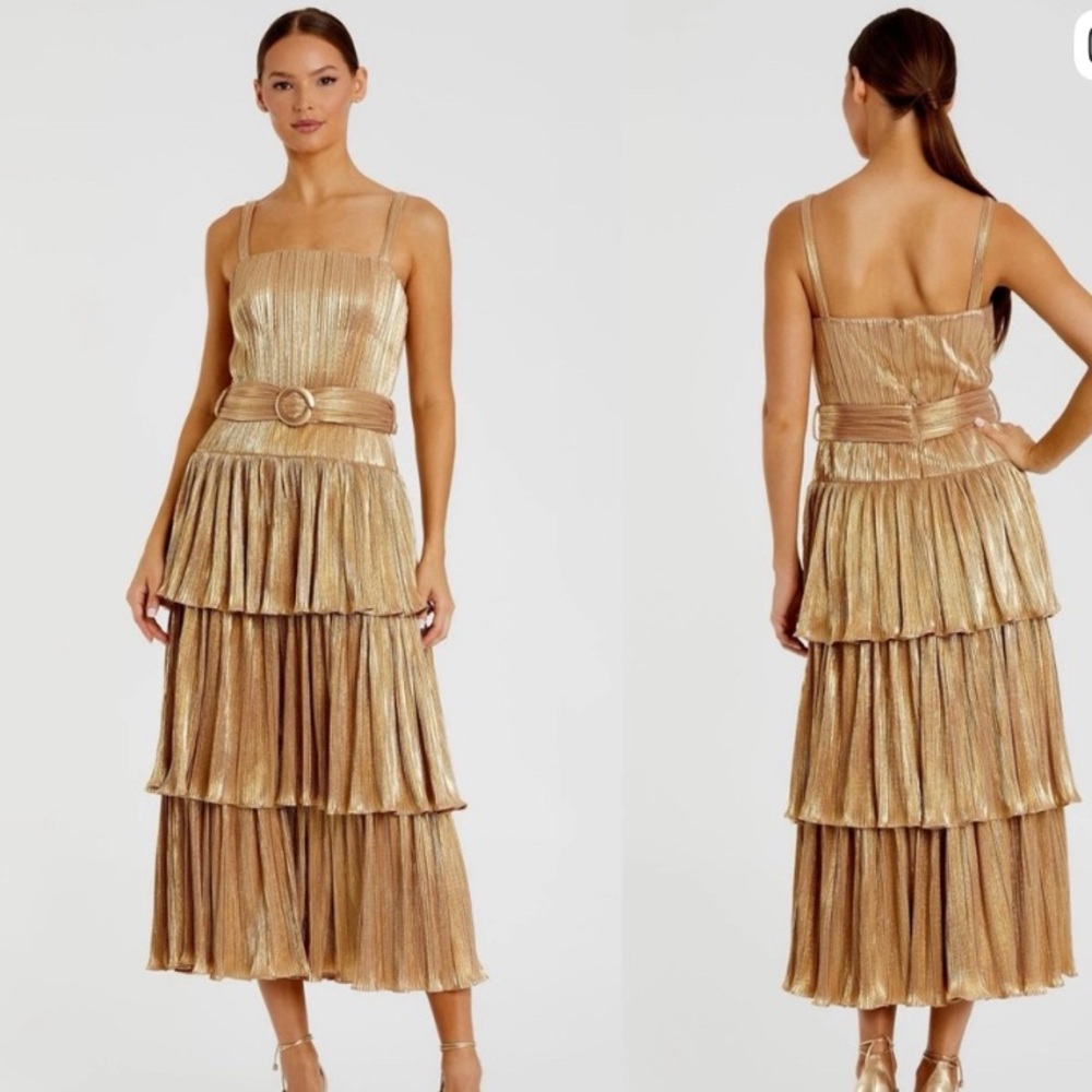 NEW Mac Duggal Gold Tiered Midi Dress 6